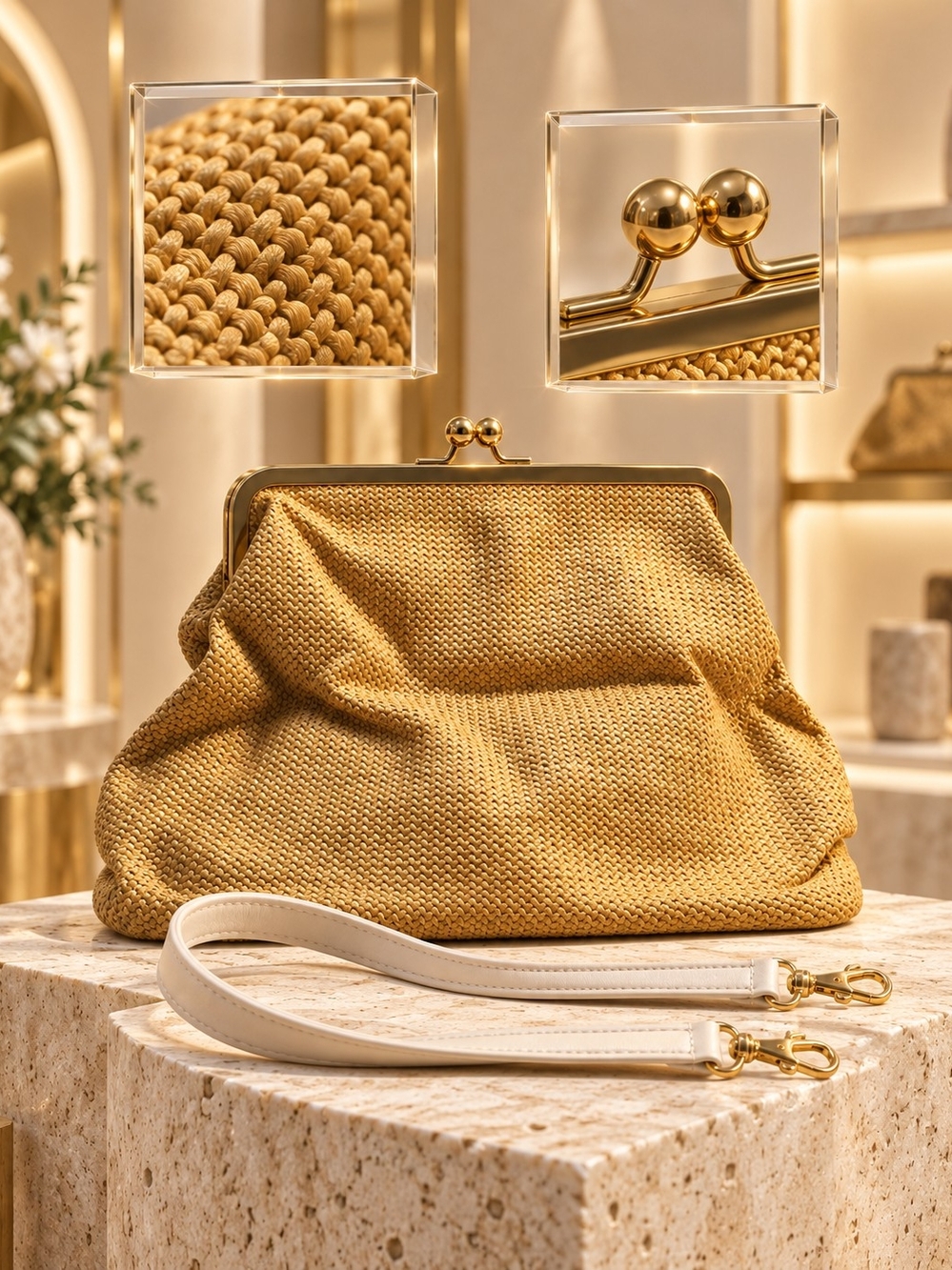 Gold Knit Frame Clutch with Removable Cream Strap